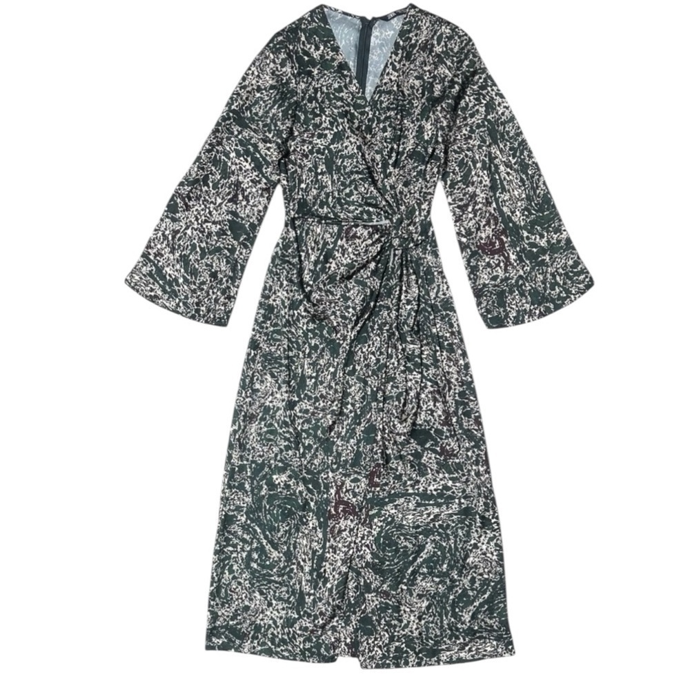 ZARA LONG SLEEVE GREEN PRINT FRONT TIE BOHO DRESS SZ XS EUC